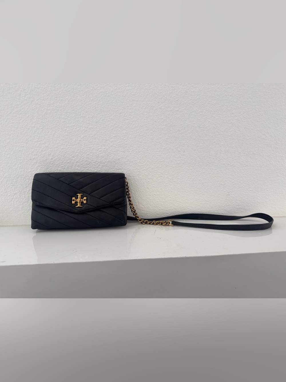 Tory Burch Black Quilted Chain Crossbody with Gold Logo